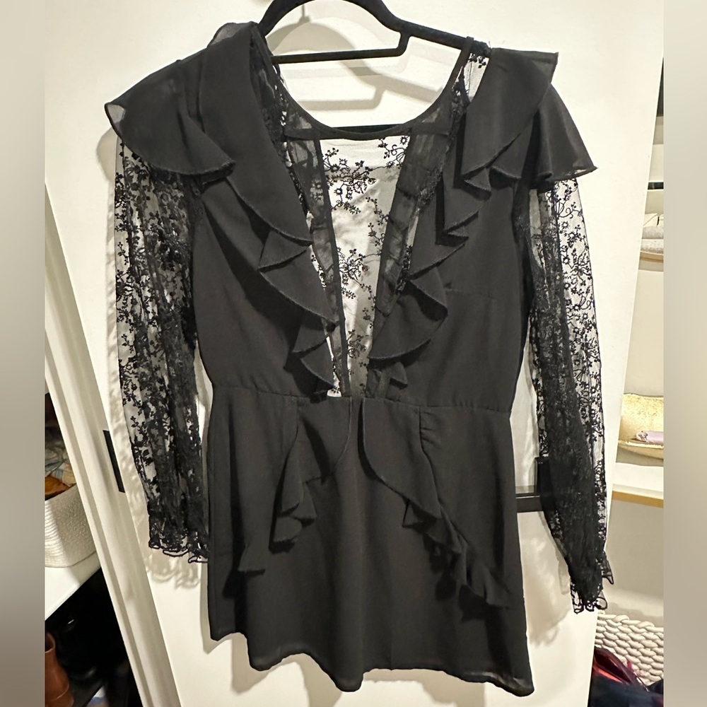 Princess Polly Black Ruffled V-Neck Lace Sleeve Dress